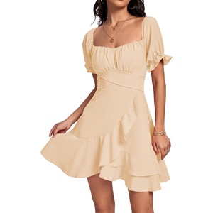 image:imageLYANER Womens Square Neck Ruffle Mini Dress Off The Shoulder Short Sleeve A Line Flowy Graduation DressesBeige