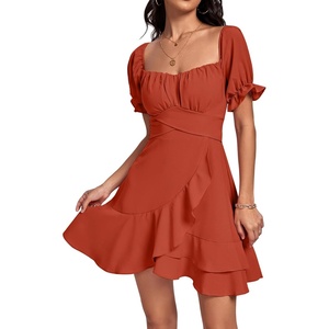 image:imageLYANER Womens Square Neck Ruffle Mini Dress Off The Shoulder Short Sleeve A Line Flowy Graduation DressesDark Orange
