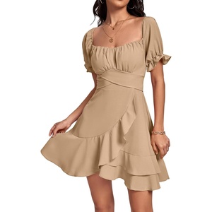 image:imageLYANER Womens Square Neck Ruffle Mini Dress Off The Shoulder Short Sleeve A Line Flowy Graduation DressesKhaki
