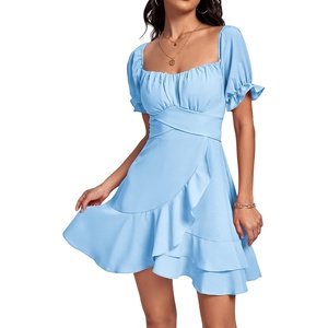 image:imageLYANER Womens Square Neck Ruffle Mini Dress Off The Shoulder Short Sleeve A Line Flowy Graduation DressesLight Blue