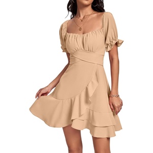 image:imageLYANER Womens Square Neck Ruffle Mini Dress Off The Shoulder Short Sleeve A Line Flowy Graduation DressesLight Khaki