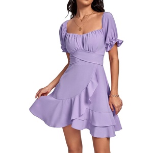 image:imageLYANER Womens Square Neck Ruffle Mini Dress Off The Shoulder Short Sleeve A Line Flowy Graduation DressesLilac