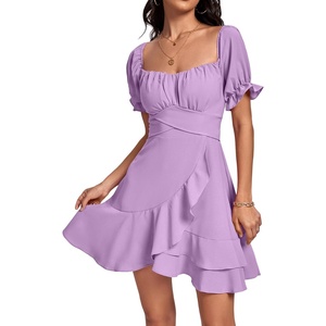 image:imageLYANER Womens Square Neck Ruffle Mini Dress Off The Shoulder Short Sleeve A Line Flowy Graduation DressesLilac Purple