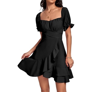 image:imageLYANER Womens Square Neck Ruffle Mini Dress Off The Shoulder Short Sleeve A Line Flowy Graduation DressesPure Black