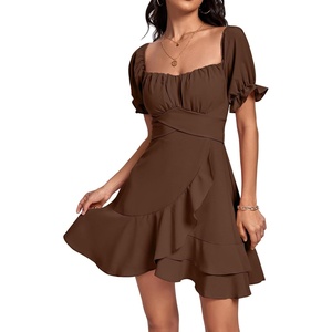 image:imageLYANER Womens Square Neck Ruffle Mini Dress Off The Shoulder Short Sleeve A Line Flowy Graduation DressesPure Dark Brown