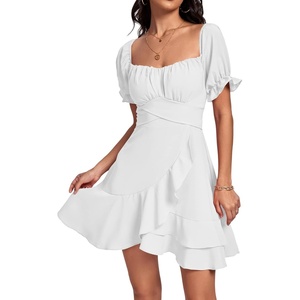 image:imageLYANER Womens Square Neck Ruffle Mini Dress Off The Shoulder Short Sleeve A Line Flowy Graduation DressesPure White