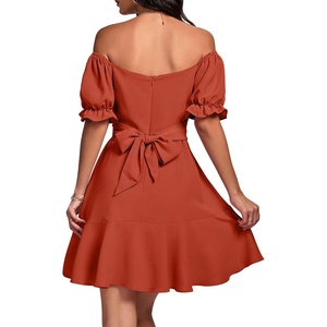 image:imageLYANER Womens Square Neck Ruffle Wrap Mini Dress Off Shoulder Flounce Short Sleeve A Line Flowy Dress Dark Orange Small