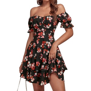 image:imageLYANER Womens Tie Back Off Shoulder Wrap Layer Ruffle A Line Short Sleeve Casual Mini DressFlower Black