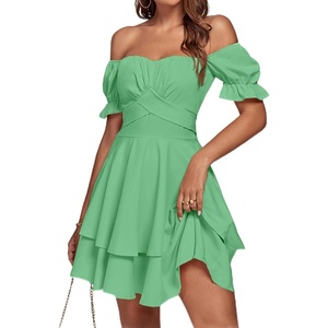 image:imageLYANER Womens Tie Back Off Shoulder Wrap Layer Ruffle A Line Short Sleeve Casual Mini DressGrass Green