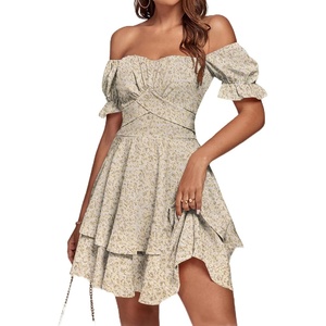 image:imageLYANER Womens Tie Back Off Shoulder Wrap Layer Ruffle A Line Short Sleeve Casual Mini DressKhaki Print
