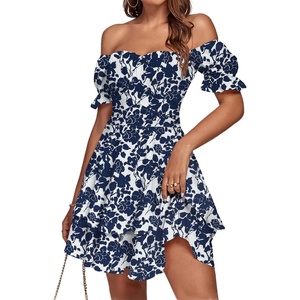 image:imageLYANER Womens Tie Back Off Shoulder Wrap Layer Ruffle A Line Short Sleeve Casual Mini DressNavy Blue Floral Print