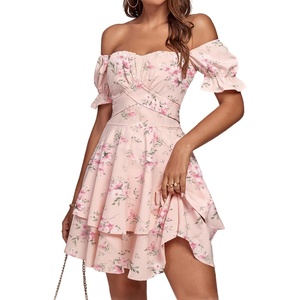 image:imageLYANER Womens Tie Back Off Shoulder Wrap Layer Ruffle A Line Short Sleeve Casual Mini DressPink Floral Print