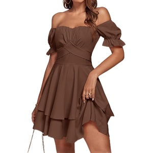 image:imageLYANER Womens Tie Back Off Shoulder Wrap Layer Ruffle A Line Short Sleeve Casual Mini DressPlain Dark Brown