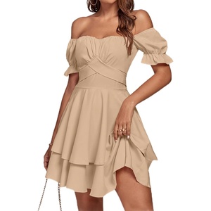 image:imageLYANER Womens Tie Back Off Shoulder Wrap Layer Ruffle A Line Short Sleeve Casual Mini DressPlain Khaki