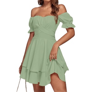 image:imageLYANER Womens Tie Back Off Shoulder Wrap Layer Ruffle A Line Short Sleeve Casual Mini DressPlain Light Green