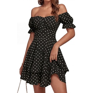 image:imageLYANER Womens Tie Back Off Shoulder Wrap Layer Ruffle A Line Short Sleeve Casual Mini DressPolka Dots Black
