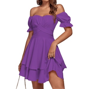 image:imageLYANER Womens Tie Back Off Shoulder Wrap Layer Ruffle A Line Short Sleeve Casual Mini DressPurple