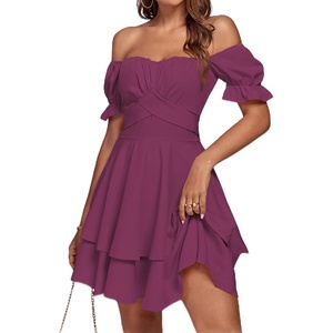 image:imageLYANER Womens Tie Back Off Shoulder Wrap Layer Ruffle A Line Short Sleeve Casual Mini DressPurplish Red