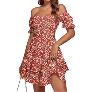 image:imageLYANER Womens Tie Back Off Shoulder Wrap Layer Ruffle A Line Short Sleeve Casual Mini DressRed Floral Print