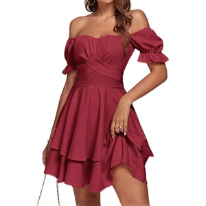 image:imageLYANER Womens Tie Back Off Shoulder Wrap Layer Ruffle A Line Short Sleeve Casual Mini DressRust Red