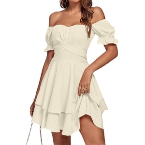 image:imageLYANER Womens Tie Back Off Shoulder Wrap Layer Ruffle A Line Short Sleeve Casual Mini DressSolid Apricot