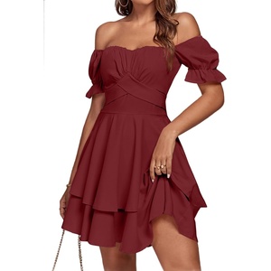 image:imageLYANER Womens Tie Back Off Shoulder Wrap Layer Ruffle A Line Short Sleeve Casual Mini DressSolid Dark Red