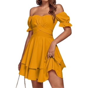 image:imageLYANER Womens Tie Back Off Shoulder Wrap Layer Ruffle A Line Short Sleeve Casual Mini DressSolid Deep Yellow