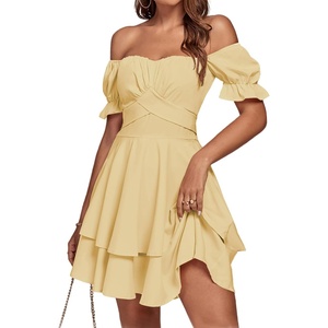 image:imageLYANER Womens Tie Back Off Shoulder Wrap Layer Ruffle A Line Short Sleeve Casual Mini DressSolid Light Yellow