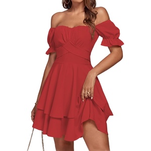 image:imageLYANER Womens Tie Back Off Shoulder Wrap Layer Ruffle A Line Short Sleeve Casual Mini DressSolid Red