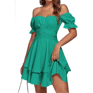 image:imageLYANER Womens Tie Back Off Shoulder Wrap Layer Ruffle A Line Short Sleeve Casual Mini DressSolid Turquoise