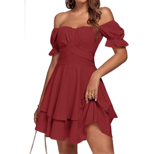 image:imageLYANER Womens Tie Back Off Shoulder Wrap Layer Ruffle A Line Short Sleeve Casual Mini DressSolid Wine Red