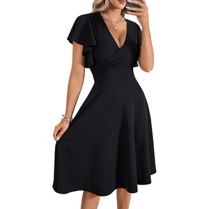image:imageLYANER Womens Warp V Neck Ruffle Short Sleeve A Line Swing Flared Cocktail Party Midi DressBlack