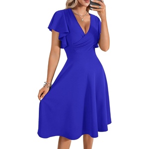 image:imageLYANER Womens Warp V Neck Ruffle Short Sleeve A Line Swing Flared Cocktail Party Midi DressDark Royal Blue