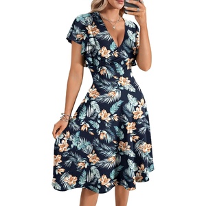 image:imageLYANER Womens Warp V Neck Ruffle Short Sleeve A Line Swing Flared Cocktail Party Midi DressFloral Dark Blue
