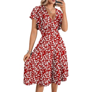 image:imageLYANER Womens Warp V Neck Ruffle Short Sleeve A Line Swing Flared Cocktail Party Midi DressFloral Wine Red