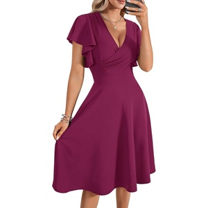 image:imageLYANER Womens Warp V Neck Ruffle Short Sleeve A Line Swing Flared Cocktail Party Midi DressMagenta