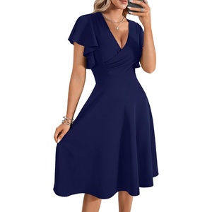 image:imageLYANER Womens Warp V Neck Ruffle Short Sleeve A Line Swing Flared Cocktail Party Midi DressNavy Blue