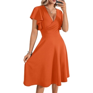 image:imageLYANER Womens Warp V Neck Ruffle Short Sleeve A Line Swing Flared Cocktail Party Midi DressOrange
