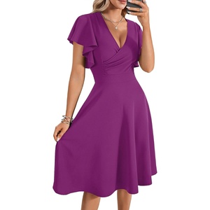 image:imageLYANER Womens Warp V Neck Ruffle Short Sleeve A Line Swing Flared Cocktail Party Midi DressPure Dark Purple