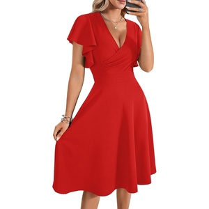 image:imageLYANER Womens Warp V Neck Ruffle Short Sleeve A Line Swing Flared Cocktail Party Midi DressRose Red