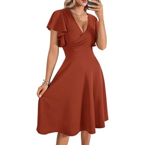 image:imageLYANER Womens Warp V Neck Ruffle Short Sleeve A Line Swing Flared Cocktail Party Midi DressRust Red