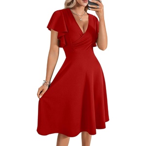 image:imageLYANER Womens Warp V Neck Ruffle Short Sleeve A Line Swing Flared Cocktail Party Midi DressSolid Red