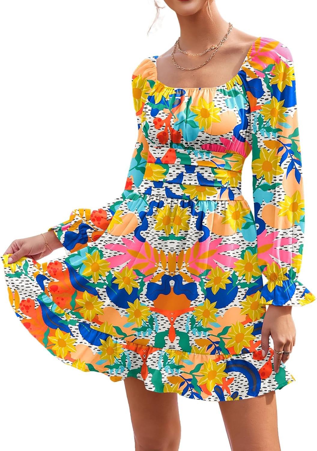 image:imageLYANER Womens Square Neck Off The Shoulder Tie Back Elastic Waist Long Sleeve Ruffle Hem Short Mini DressFloral Multicolored