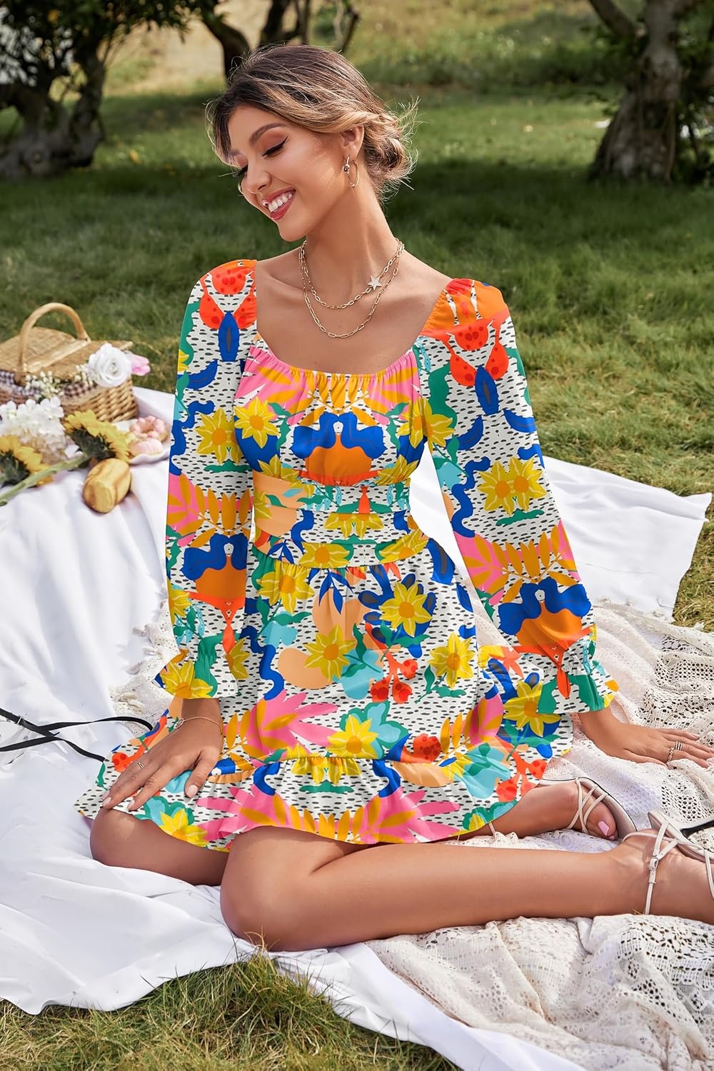 image:imageLYANER Womens Square Neck Off The Shoulder Tie Back Elastic Waist Long Sleeve Ruffle Hem Short Mini DressFloral Multicolored