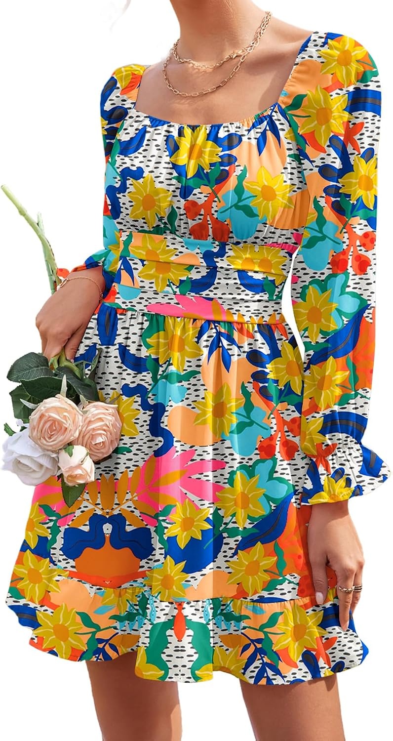 image:imageLYANER Womens Square Neck Off The Shoulder Tie Back Elastic Waist Long Sleeve Ruffle Hem Short Mini DressFloral Multicolored