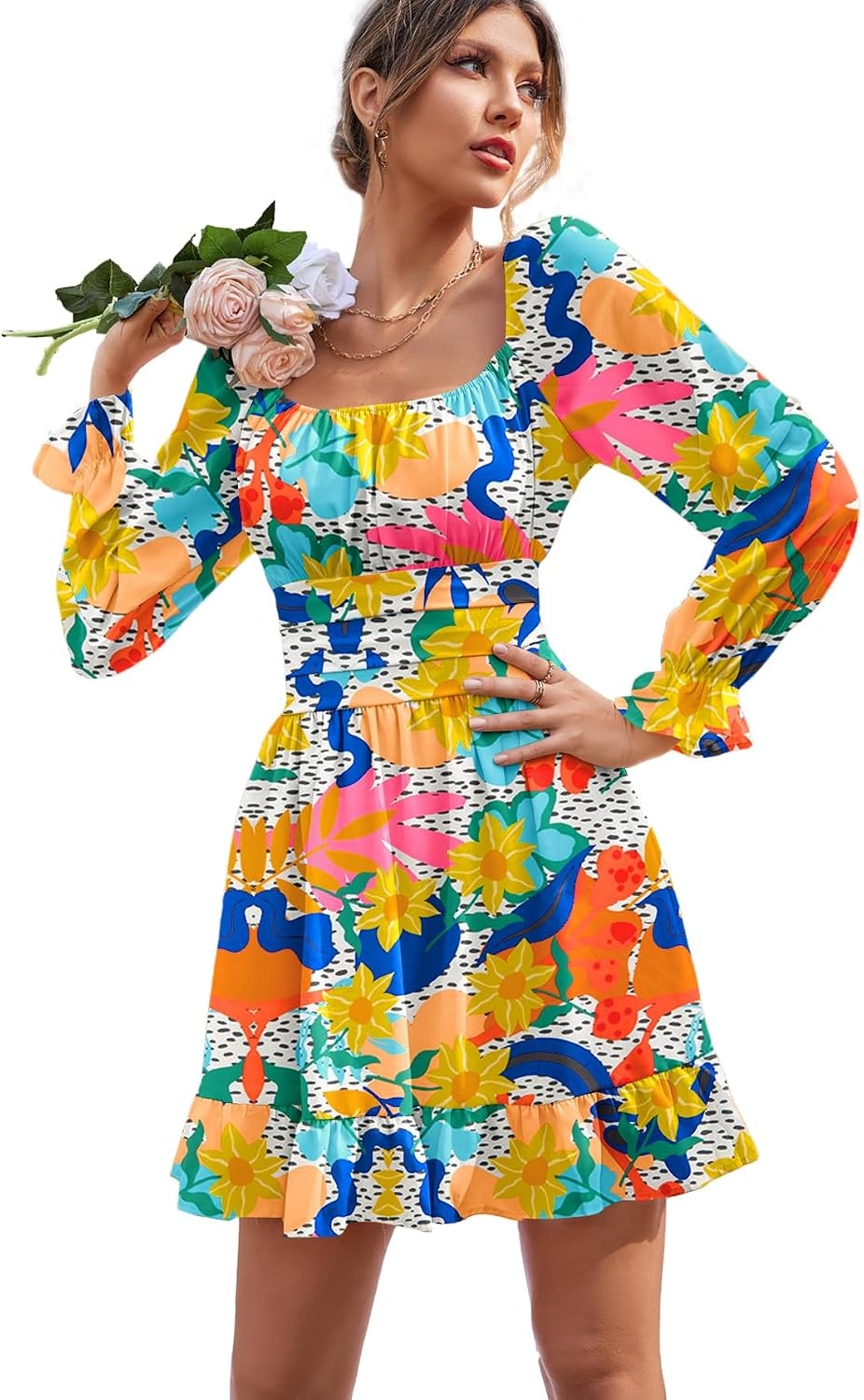 image:imageLYANER Womens Square Neck Off The Shoulder Tie Back Elastic Waist Long Sleeve Ruffle Hem Short Mini DressFloral Multicolored