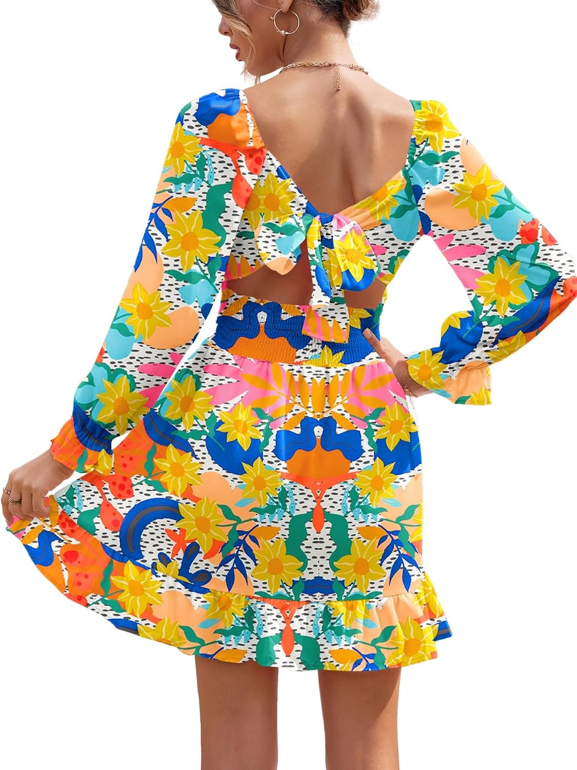 image:imageLYANER Womens Square Neck Off The Shoulder Tie Back Elastic Waist Long Sleeve Ruffle Hem Short Mini DressFloral Multicolored