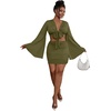 image:imageLYANER Women 2 Piece Vacation Outfits Tie Knot Front Bell Long Sleeve Crop Top and Mini Skirt Summer SetArmy Green