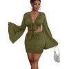 image:imageLYANER Women 2 Piece Vacation Outfits Tie Knot Front Bell Long Sleeve Crop Top and Mini Skirt Summer SetArmy Green