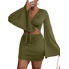 image:imageLYANER Women 2 Piece Vacation Outfits Tie Knot Front Bell Long Sleeve Crop Top and Mini Skirt Summer SetArmy Green